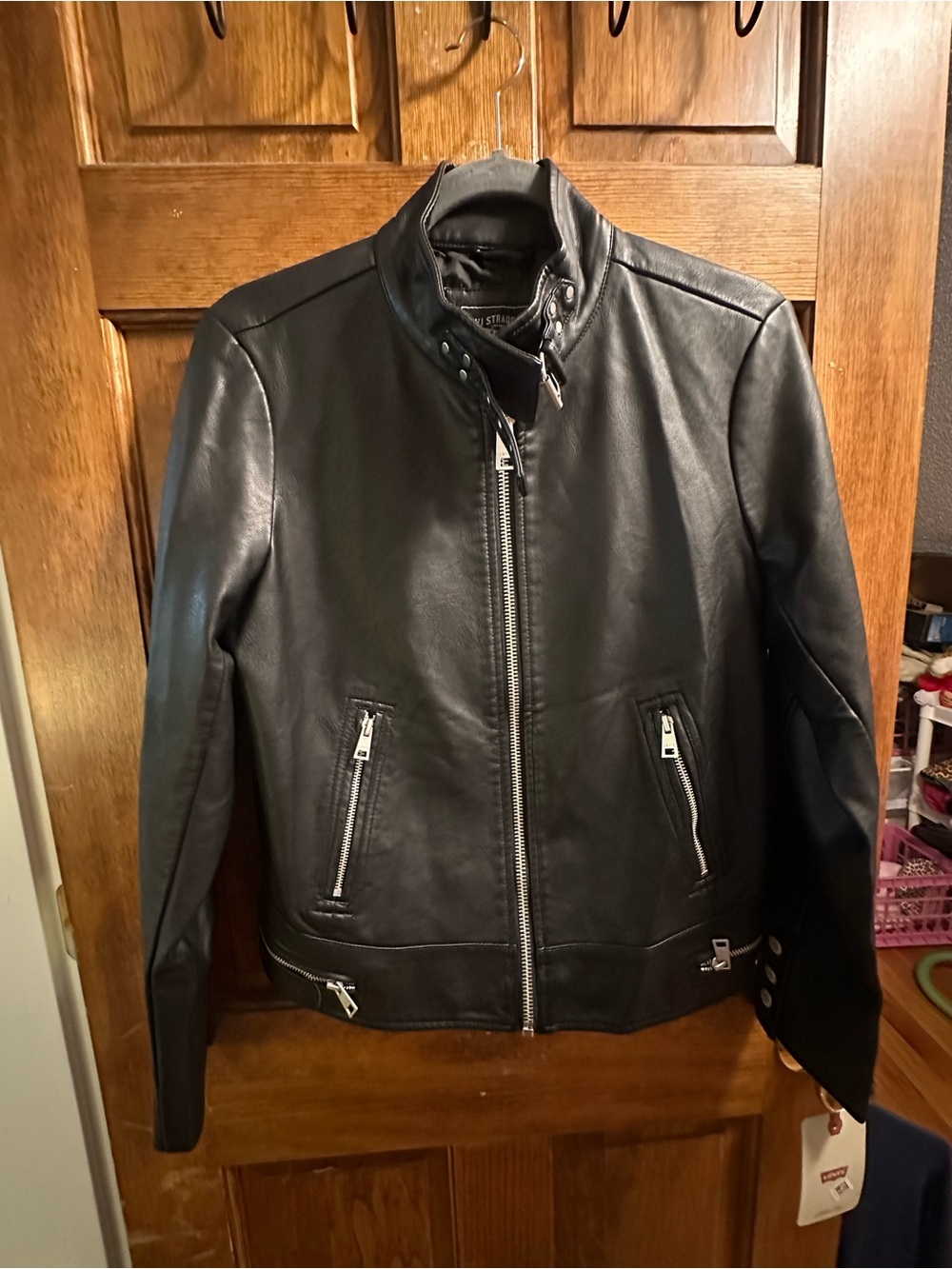 Levi's Black Leather (like) Jacket with Silver Patch Detail
